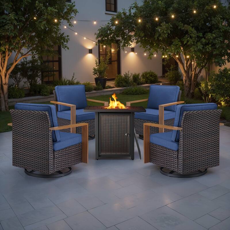 Meyreso 5-Piece Wicker Swivel Glider Metal Fire Pit Set with Plush 4.5" Olefin Cushions - Brown Wicker - Navy Blue Cushions