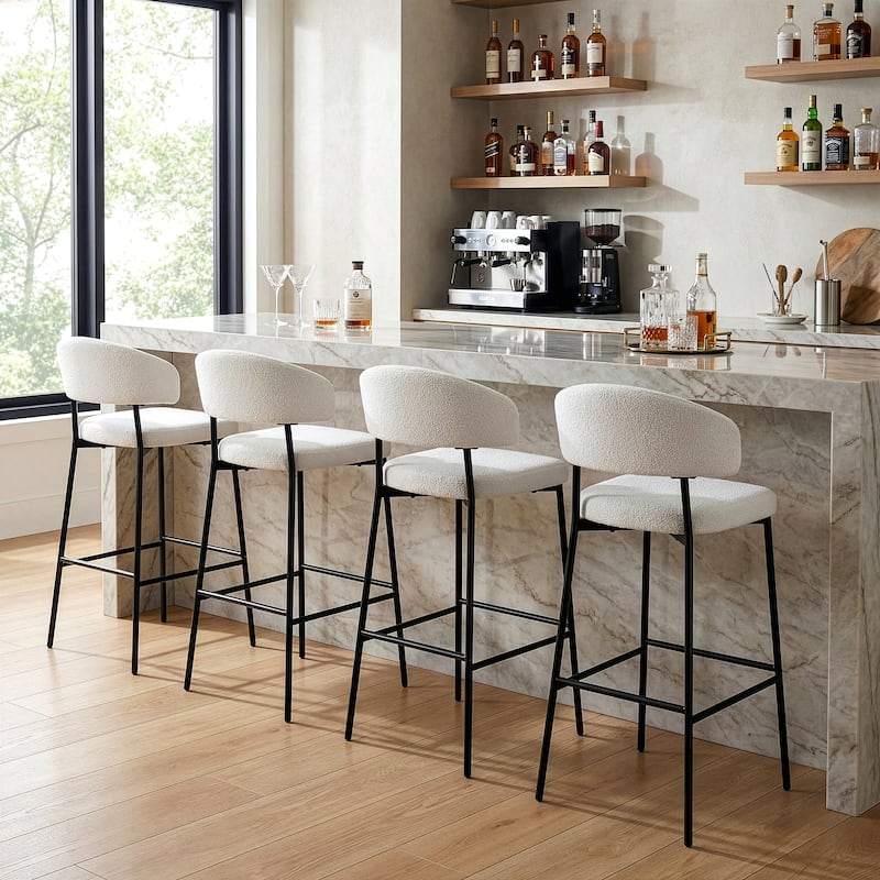 Set of 2 Bennett White Boucle Upholstered Fabric Bar Stool with Black Iron Legs