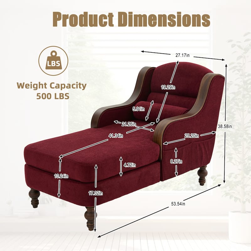 Ergonomic Chaise Lounge Indoor Chenille Single Lazy Sleeper Sofa Bed with Side Pockets, Solid Wood Armrests and Foots