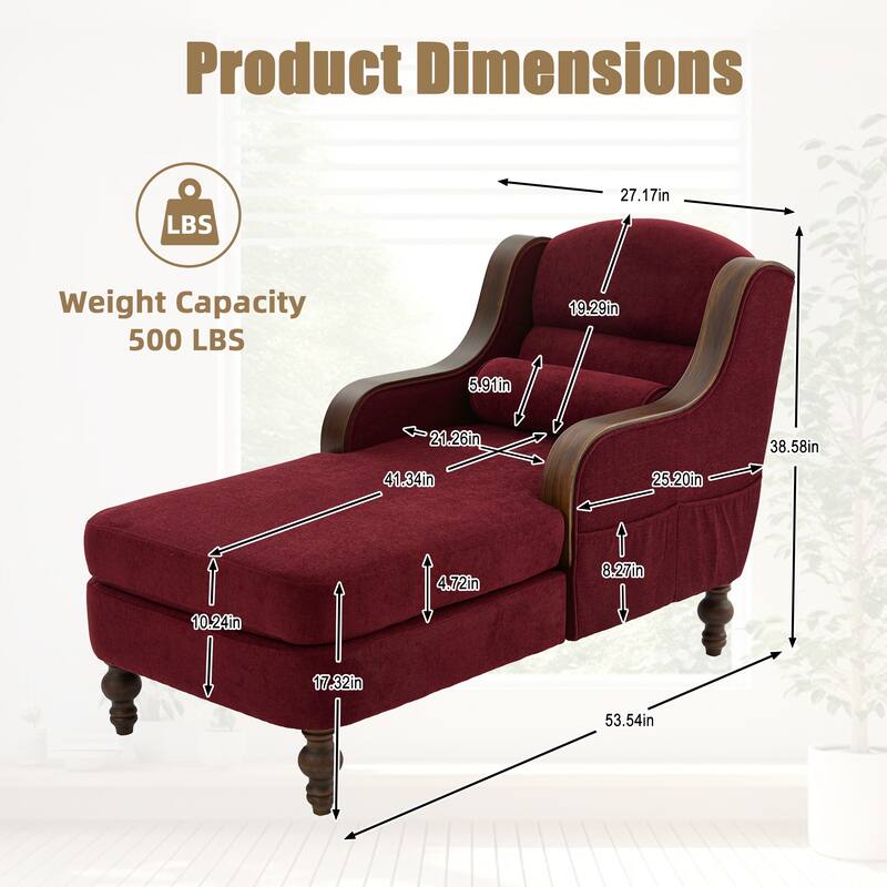 HOMEFUN Chenille Upholstered Wood Frame Oversized Chaise Lounge Single Sofa Bed with Side Pocket for Living Room,Bedroom