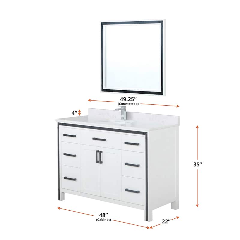 Ziva 48 in W x 22 in D White Bath Vanity, White Quartz Top and 34 in Mirror
