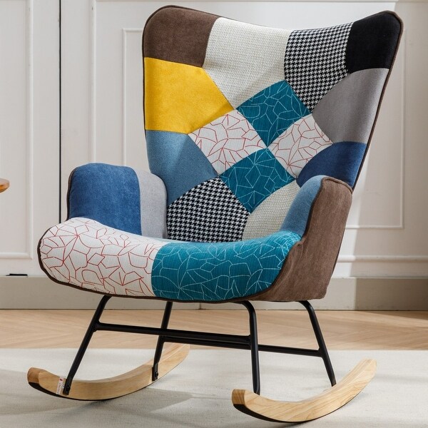 Modern Patchwork Accent Sofa Rocking Chair with Solid Wood Feet