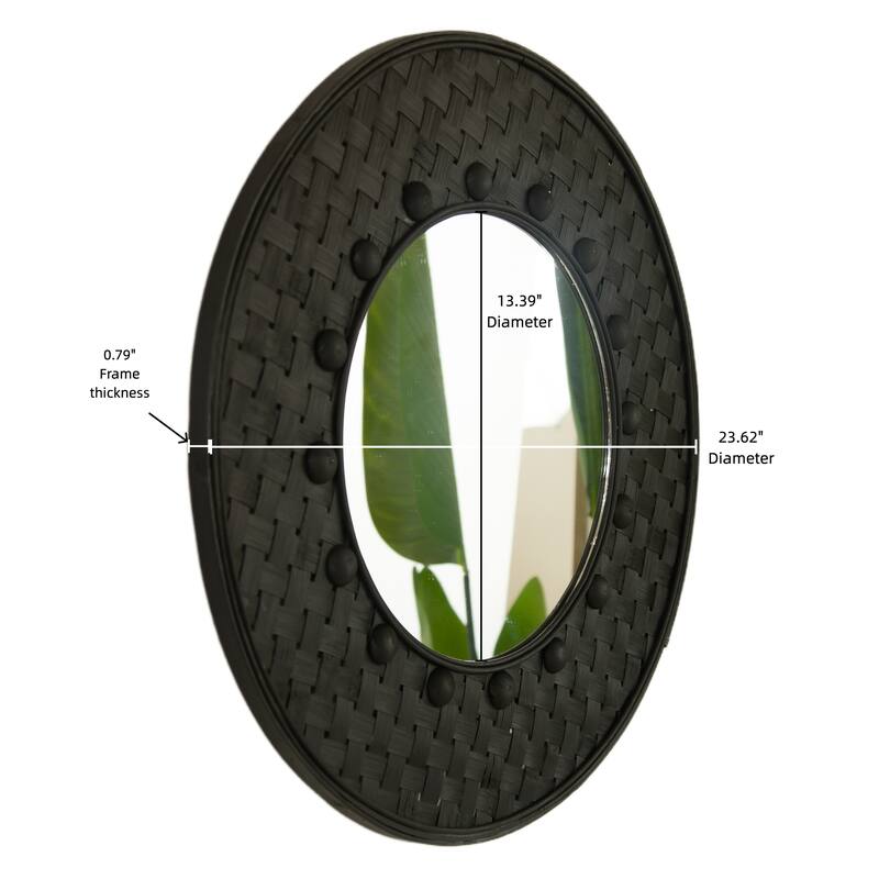 Solea Hand-Woven Black Bamboo Circle Mirror - Wall-Hanging, Bathroom, Bedroom - Black,Silver