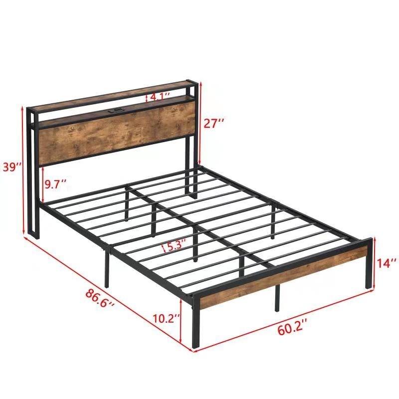 Queen Size Metal Platform Bed Frame with Wooden Headboard, USB, LED Lights, No Box Spring Needed