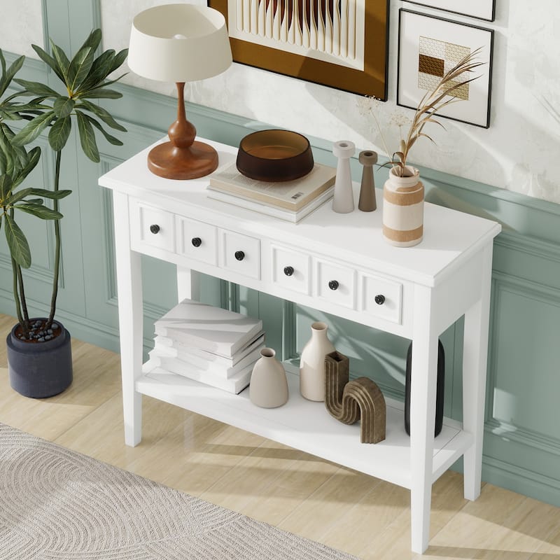 38.2" Living Room Entryway Sofa Table with Rubber Wood Legs, Versatile Storage Console Table with 2 Drawers and Open Shelf