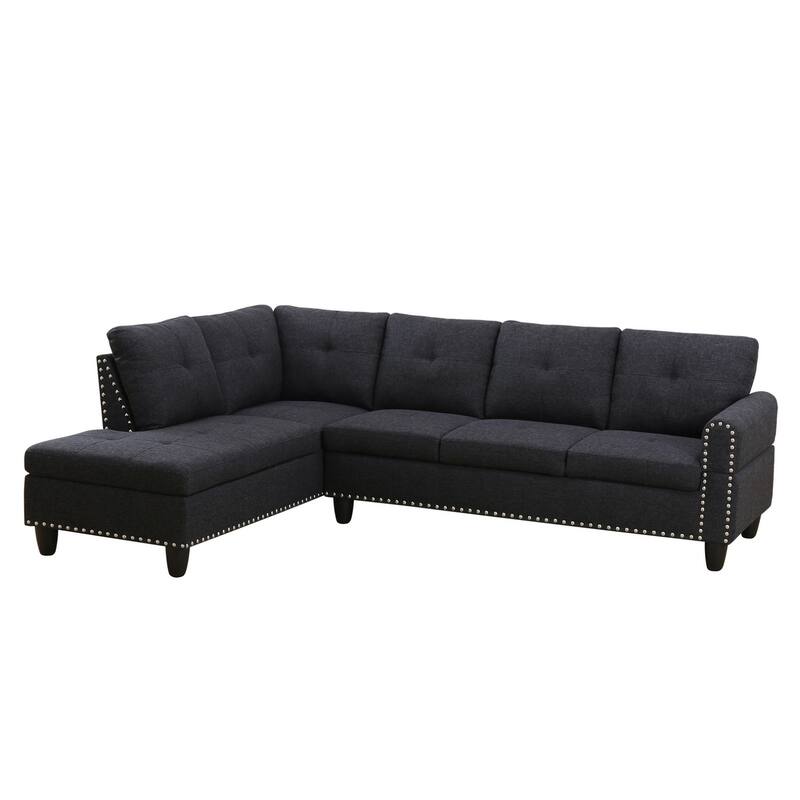 Modern Built-in Cup-holders Console Linen Sectional Sofa with 2 Pillows