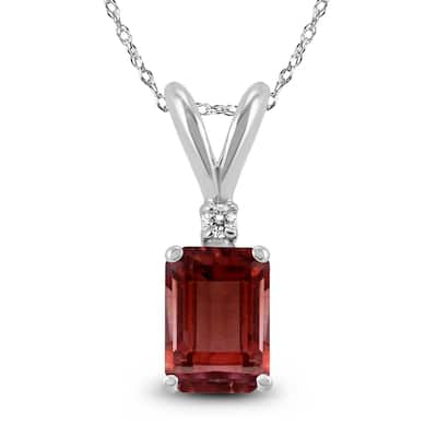 Marquee 14K White Gold 7x5MM Emerald Shaped Garnet and Diamond Pendant