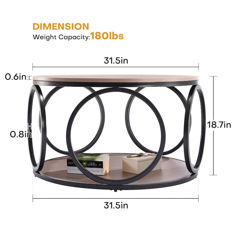 2-Tier Round Industrial Coffee Table with Metal Frame - 31.5"Dia x 18.7"H