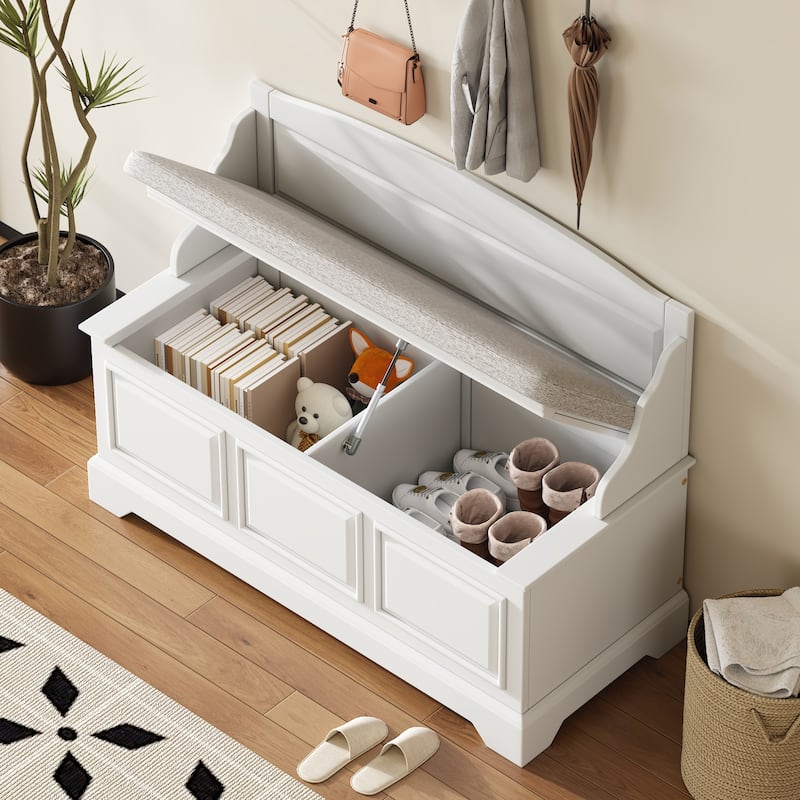 Shoe Storage Bench Wooden Entryway Bench with Linen Cushion