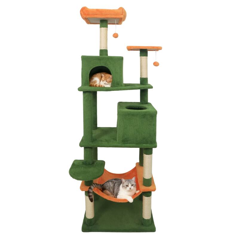 Costway 70” Cat Tree for Indoor Cats with Padded Top Perch, Dual - See Details - Green