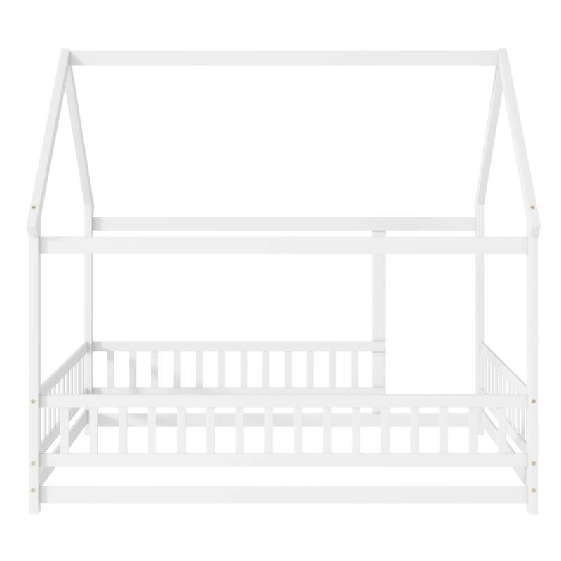Full Size House Floor Wooden Bed with Roof Frame
