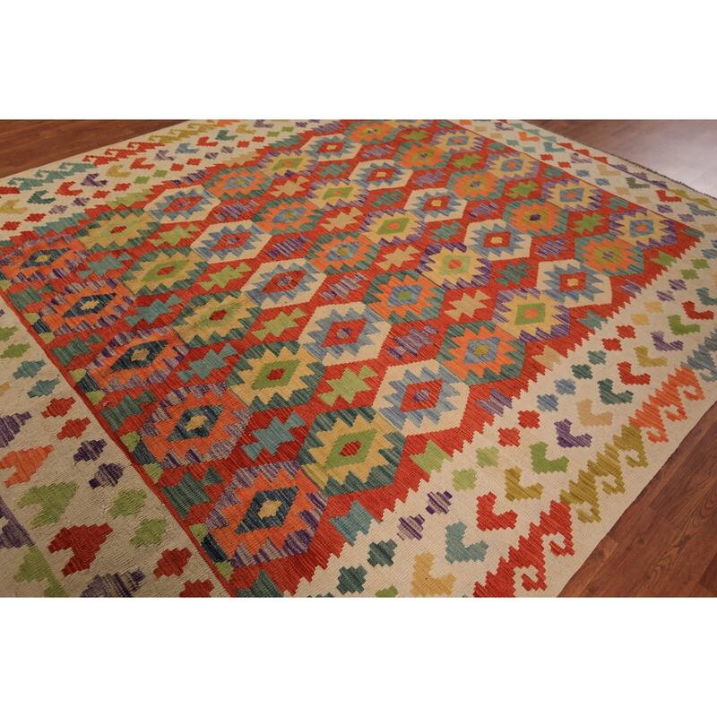 Reversible Kilim Area Rug Hand-Woven Oriental Orange Wool Carpet - 8'4" x 9'9"