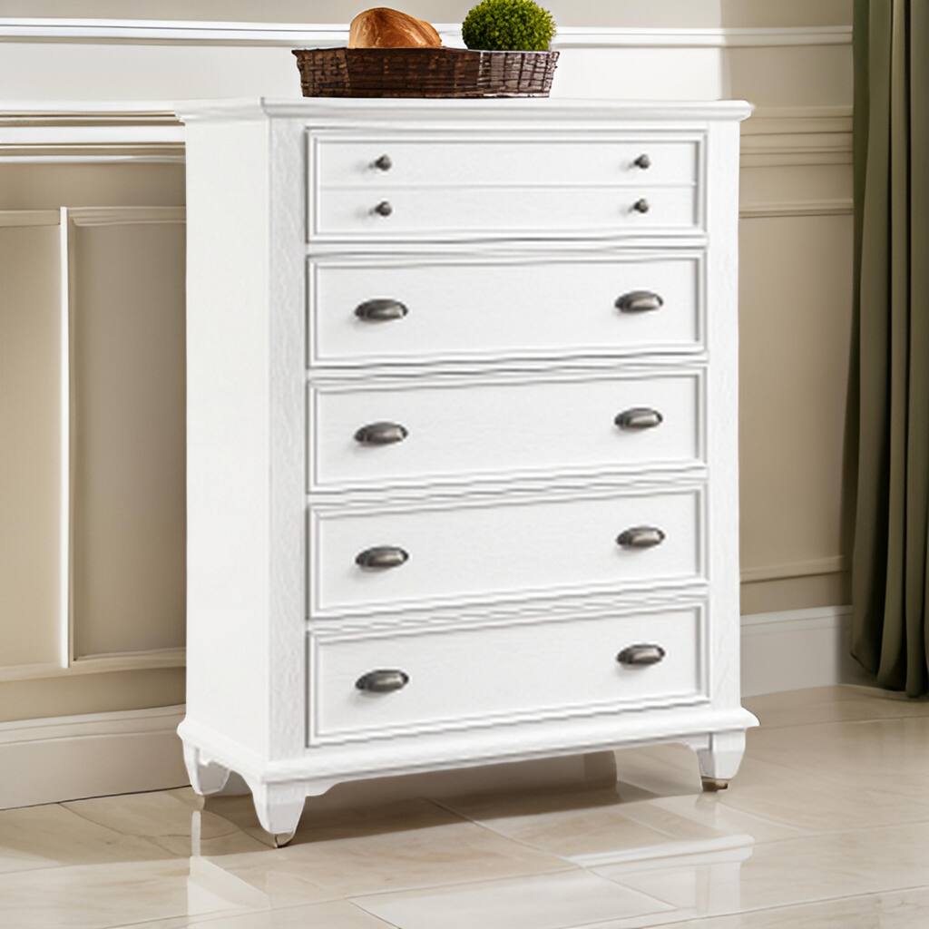 Lyni 55 Inch Tall Dresser Chest with 5 Drawers, Farmhouse White Acacia Wood