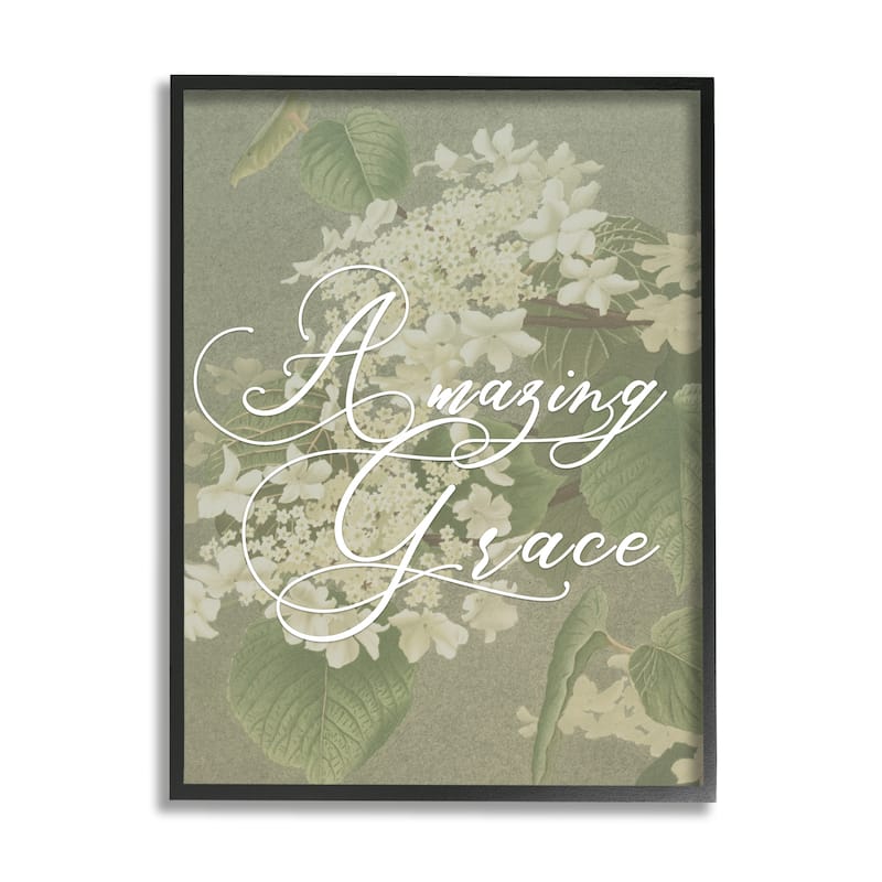 Stupell Amazing Grace Phrase Vintage White Flower Blossoms Framed Wall Art - Green - 11 x 14 - Black