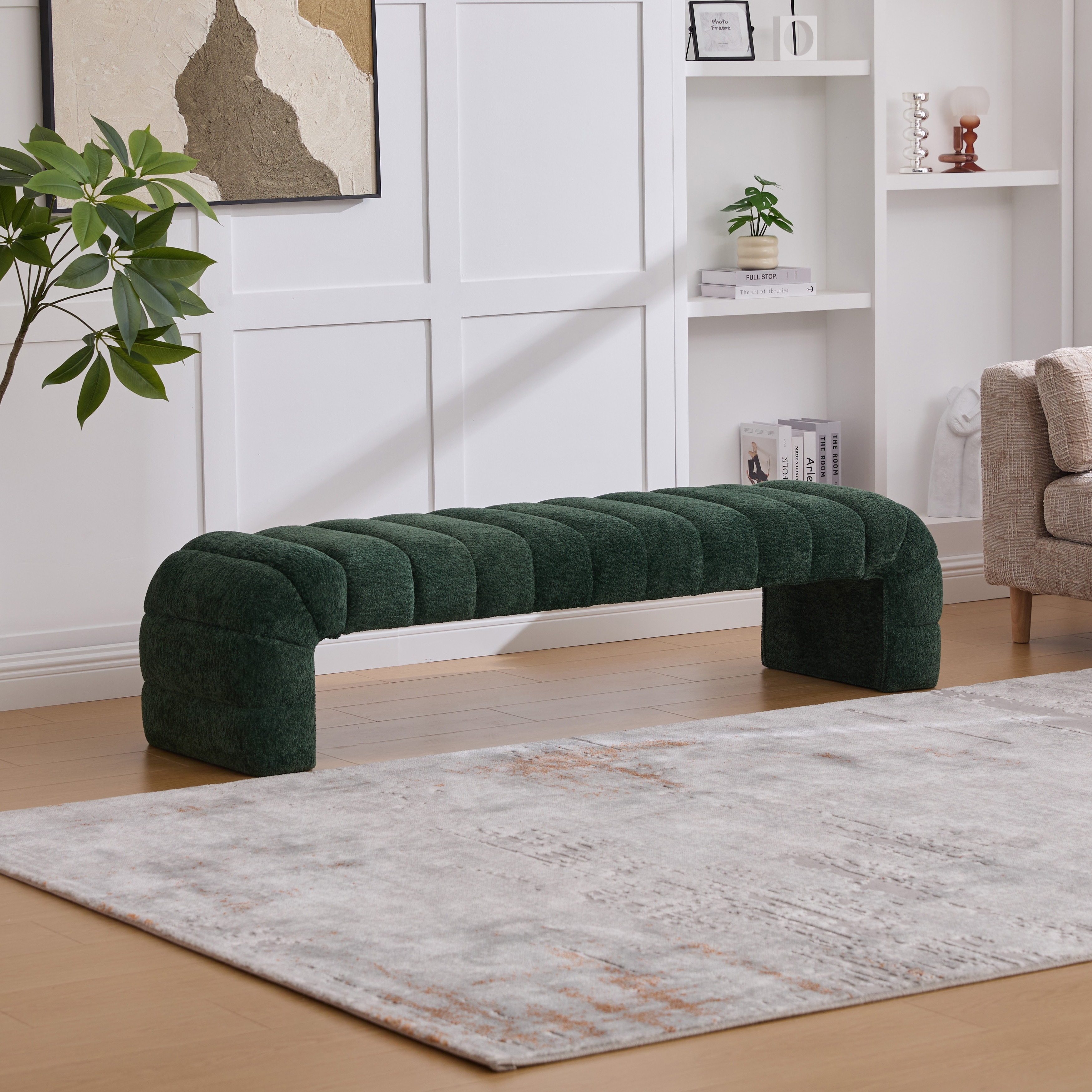 69.7" W Modern Chenille Bedroom Entryway Bench with Wood Legs