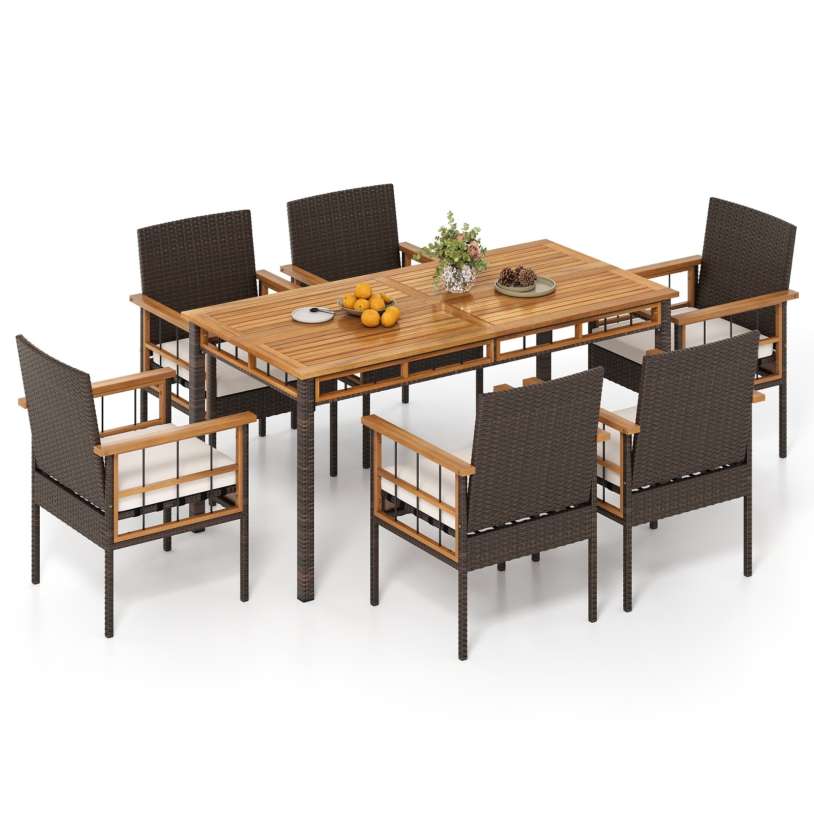 Gymax Set of 7 PE Wicker Patio Dining Set w/1.97'' Umbrella Hole