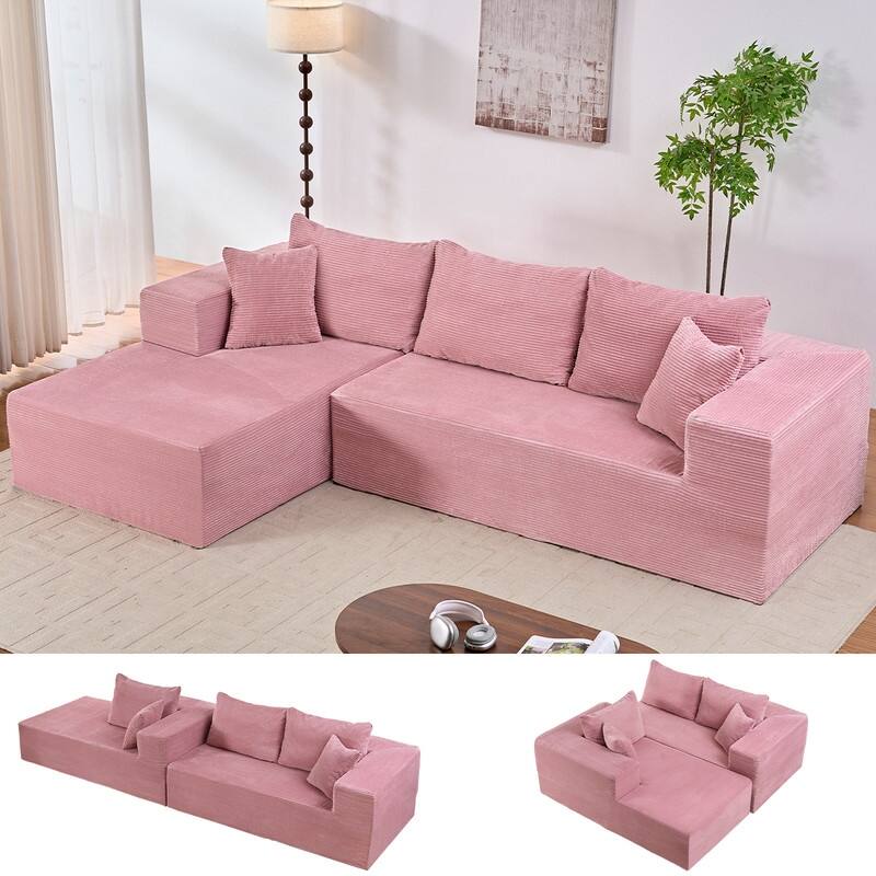 Mixoy Modern 113''Minimalist 2-Piece Corduroy Modular Chaise Sectional Sofa Deep Seat,L-Shaped Upholstered Couch With Chaise - Pink - L-Shaped