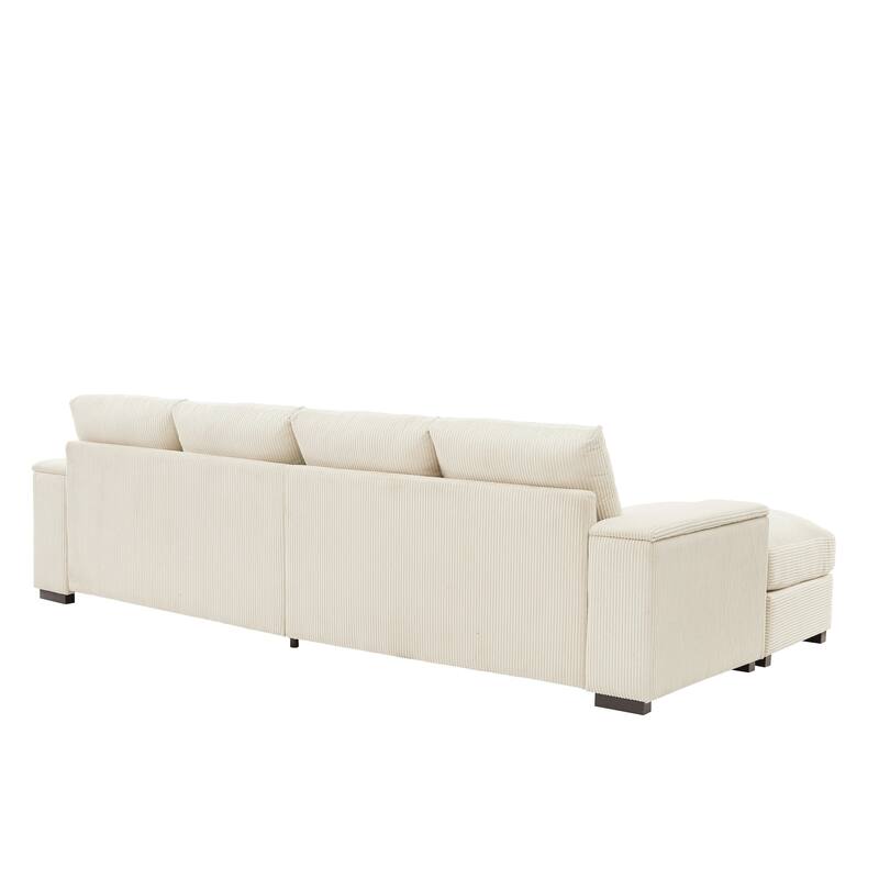 U-shaped corduroy sofa with removable footstool and storage armrests