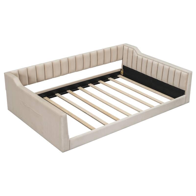 Upholstered Daybed with Sloped Arms and Side Pocket, Vertical Stripes Grounded Daybed with Wood Slat Support, Velvet Fabric