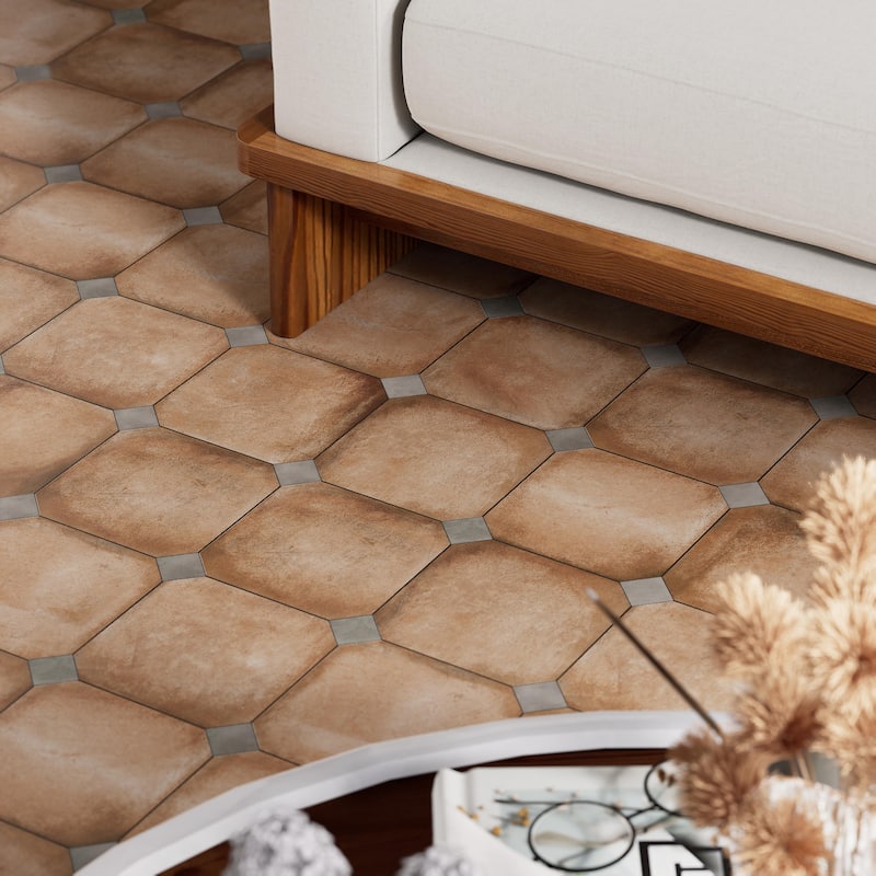 Merola Tile Laverton Octagon Natural with Taco Grafito 7-7/8" x 7-7/8" Porcelain Floor and Wall Tile
