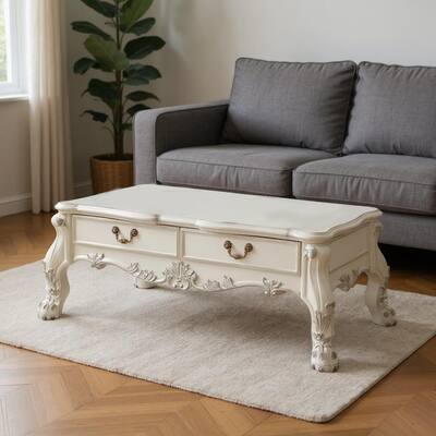 HomeRoots 57" Bone Wood Coffee Table With Two Drawers - 57.00 in. x 20.00 in. x 38.00 in.