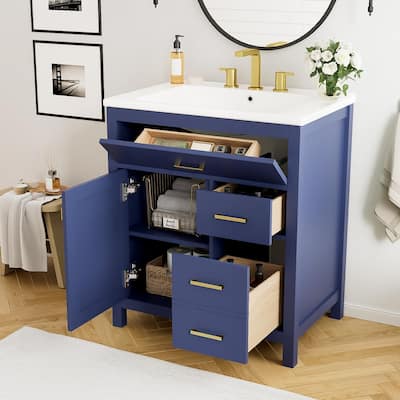 30-Inch Blue Bathroom Vanity with Ceramic Undermount Sink, 1 Soft-Close Door, 3 Storage Boxes, and Gold Handles