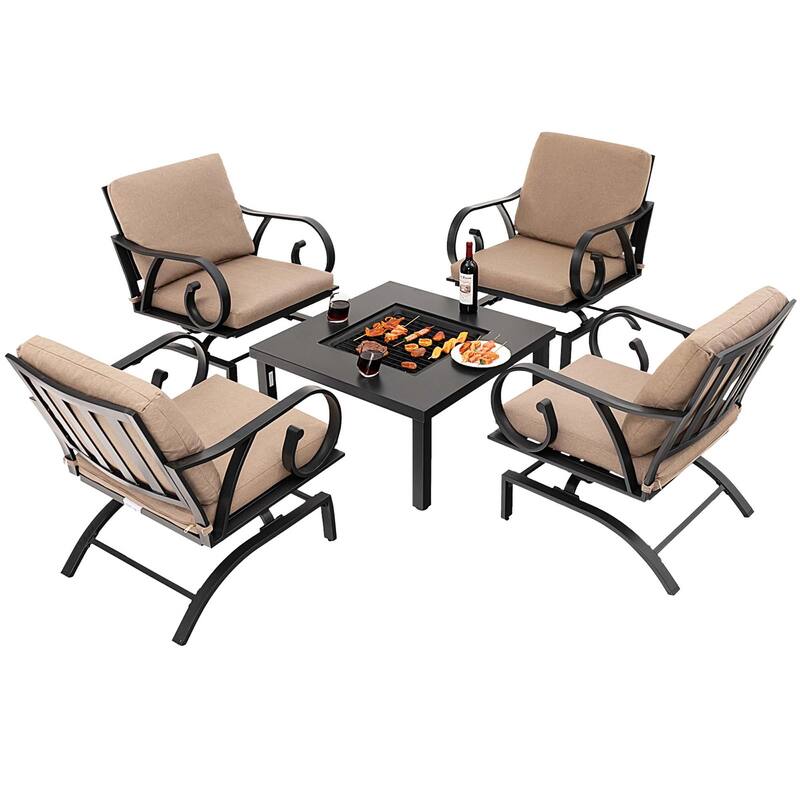 5 PCS Patio Dining Set Heavy-Duty Rocking Chairs w/ Fire Pit Table - Black+Brown