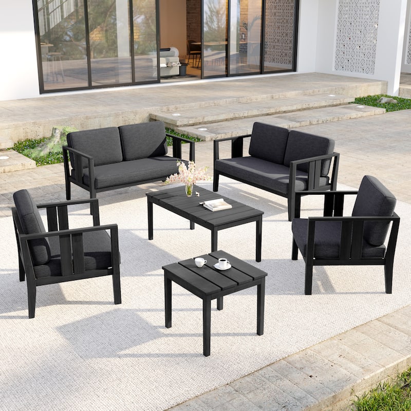 Casual 6-Piece Outdoor Patio Furniture Set In Solid Teak Wood - Dark Wood - Dark Grey