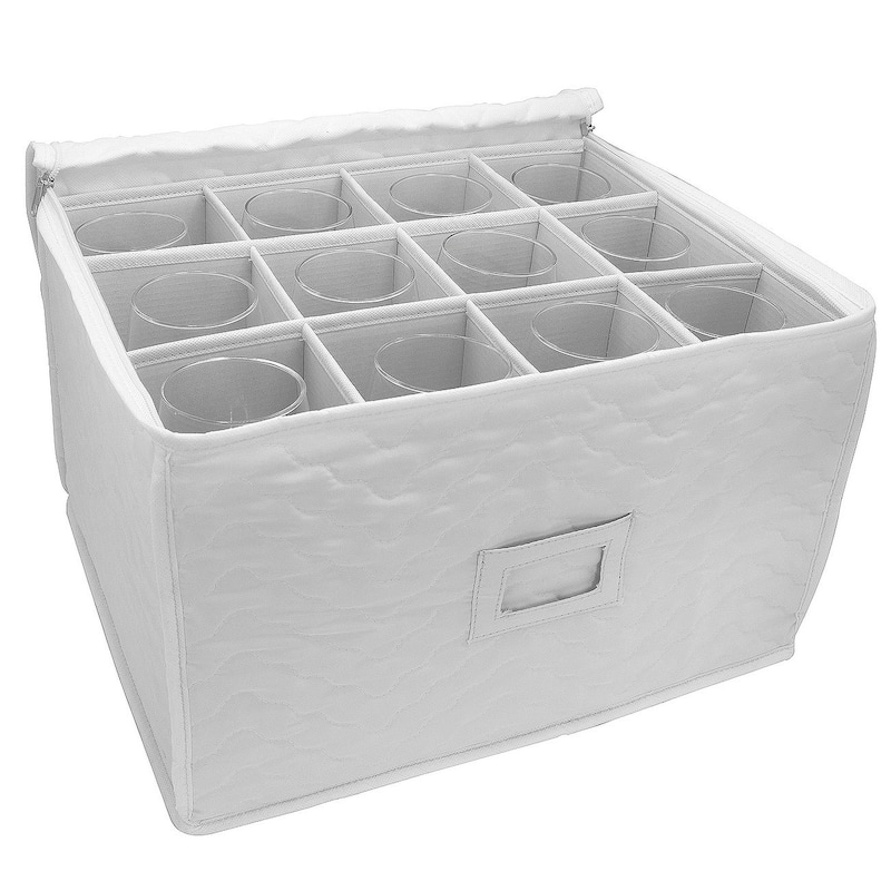 Stemware Wine Glass Storage Chest - Deluxe Quilted Microfiber Holds 12 Glasses (Beige / Gray)