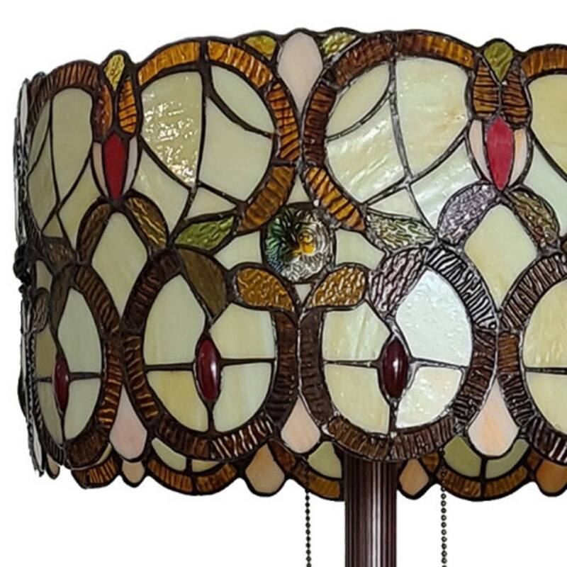Beige Metal Torchiere Floor Lamp with Red White Stained Glass Shade - 16” x 16” x 63” (D x W x H)