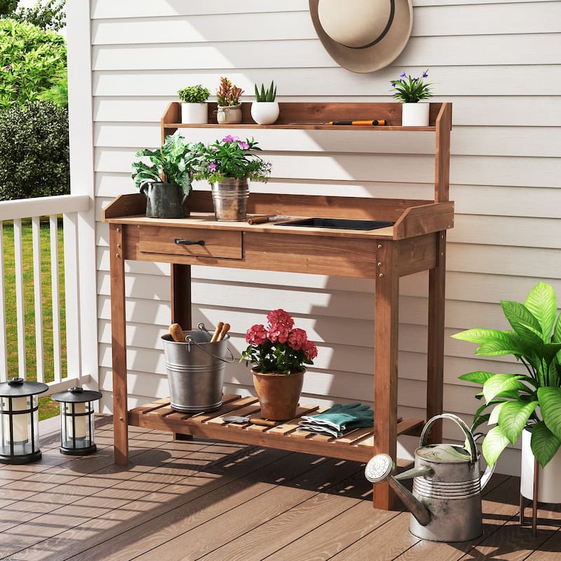 Gymax Potting Bench Outdoor Wooden Garden Table Work Station Solid