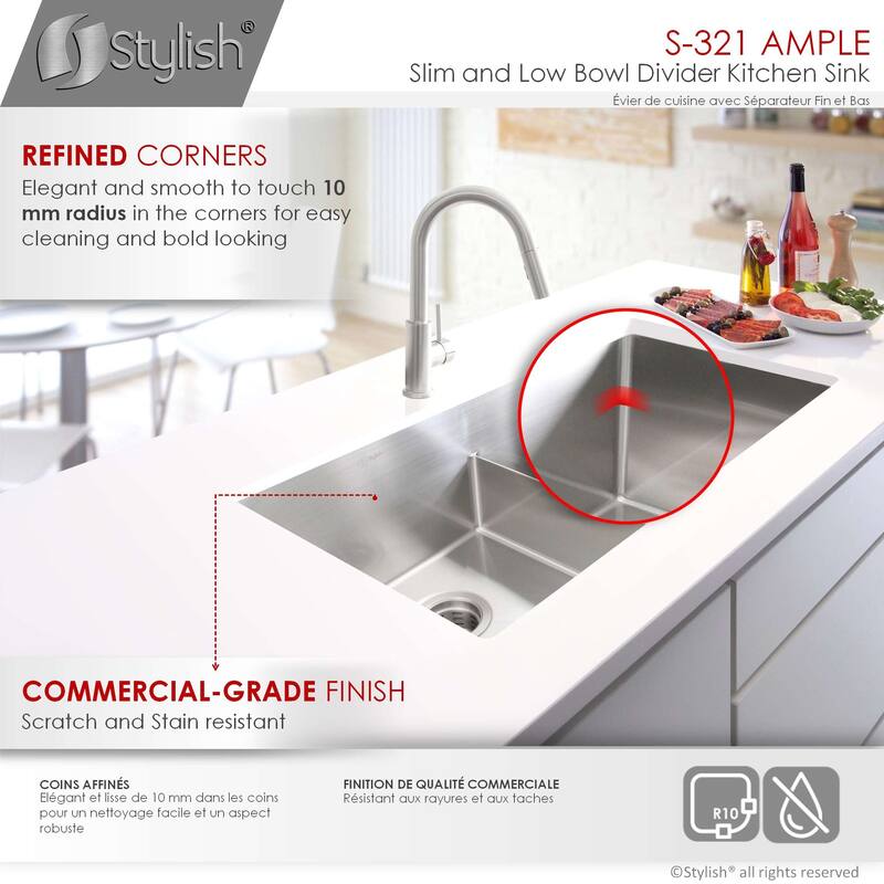 STYLISH 32 inch L x 18 inch W Stainless Steel Double Basin Low Divider Undermount Kitchen Sink with Grids and Strainers