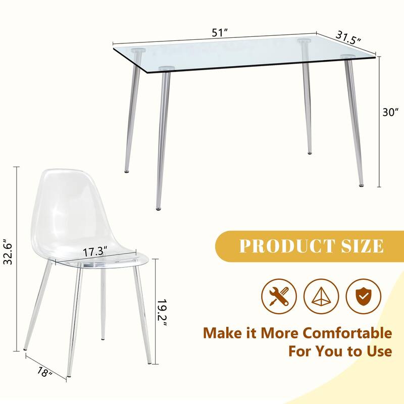 Modern Luxurious Rectangular Tempered Glass Dining Table Set- with 4 Transparent Plastic Dining Chair