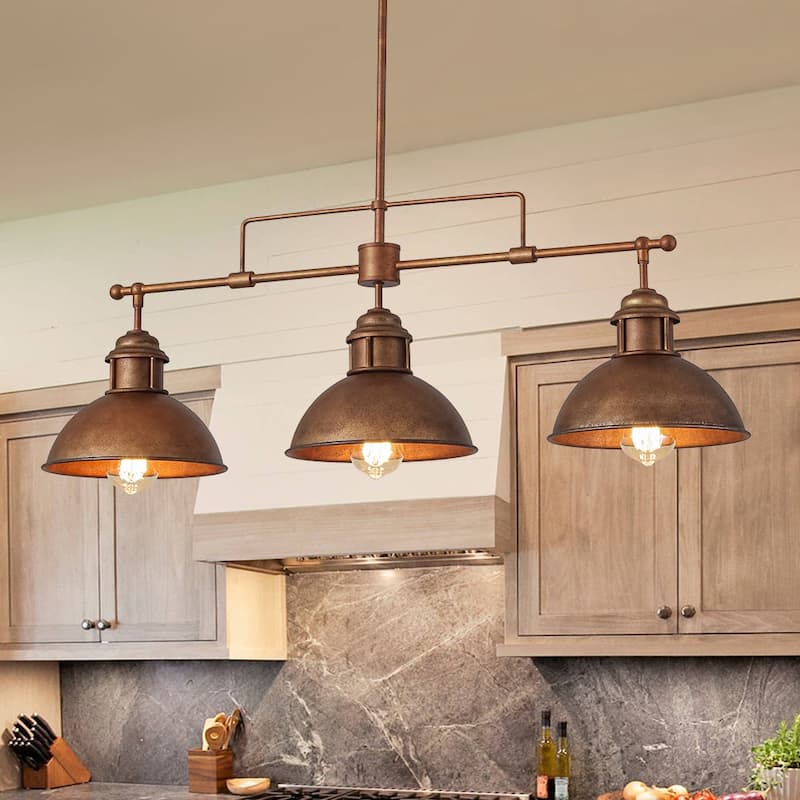 Industrial 3-Light Dome Kitchen Island Pendant - Brushed Black Grey - Distressed Bronze