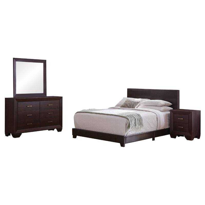 Desy 4pc Queen Size Bedroom Set, Extra Dark Cocoa Brown Faux Leather