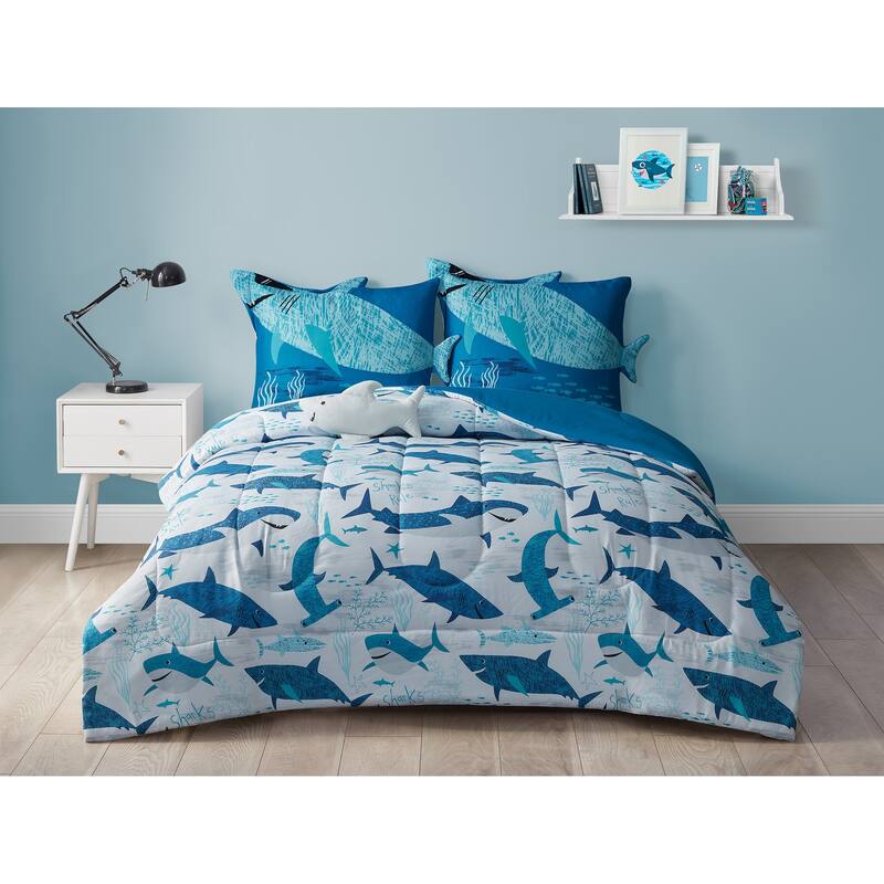 Cool Sharks Juvenile Comforter Set - Twin - Blue,Teal,White - 3 Piece