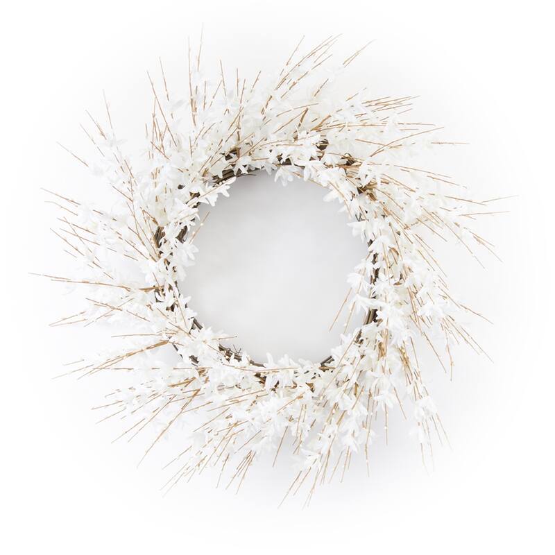 White Blossom Twig Spring Floral Wreath, 25-Inch