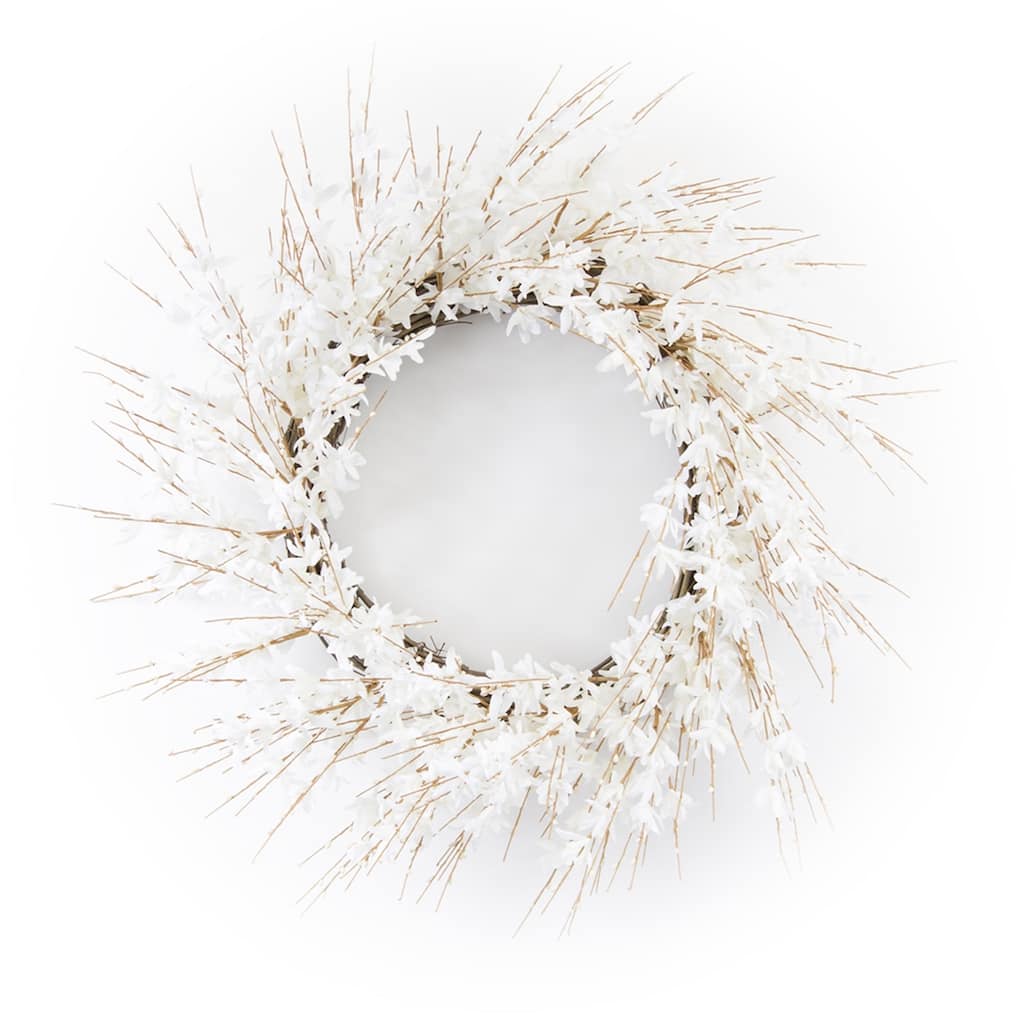 White Blossom Twig Spring Floral Wreath, 25-Inch