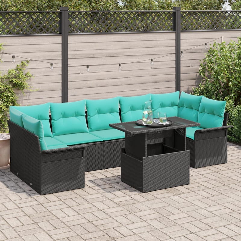 vidaXL 8 Piece Garden Sofa Set with Cushions Black Poly Rattan - 113.8×52.2×27.2
