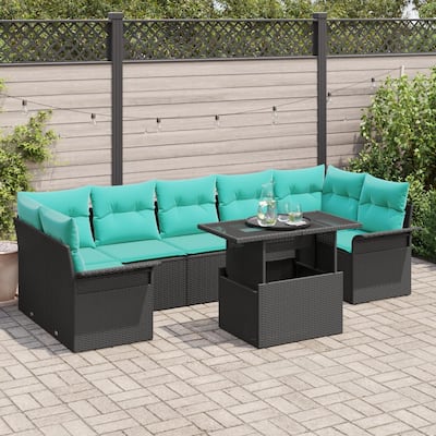 vidaXL 8 Piece Garden Sofa Set with Cushions Black Poly Rattan - 113.8×52.2×27.2
