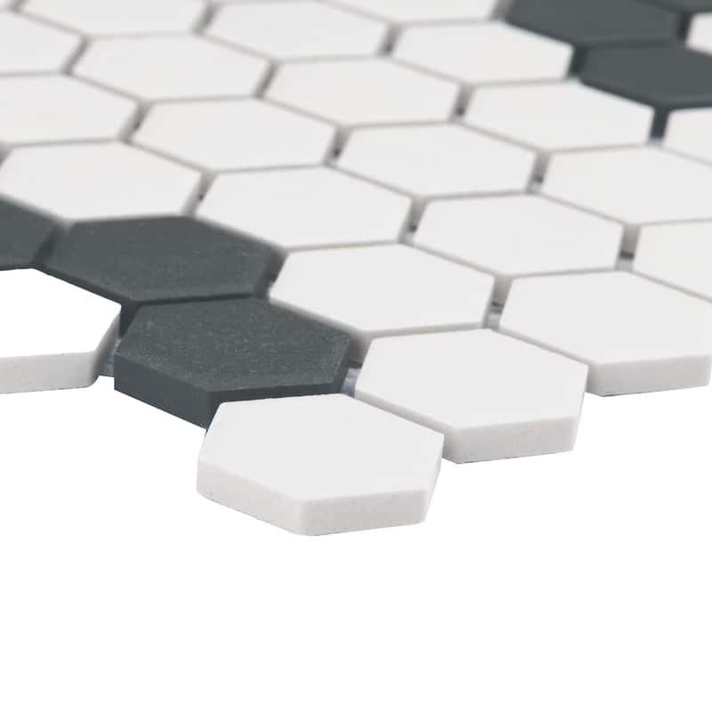 Merola Tile Gotham Hex Series Antique White and Black 10.83 x 11.88 in. Porcelain Mosaic Tile