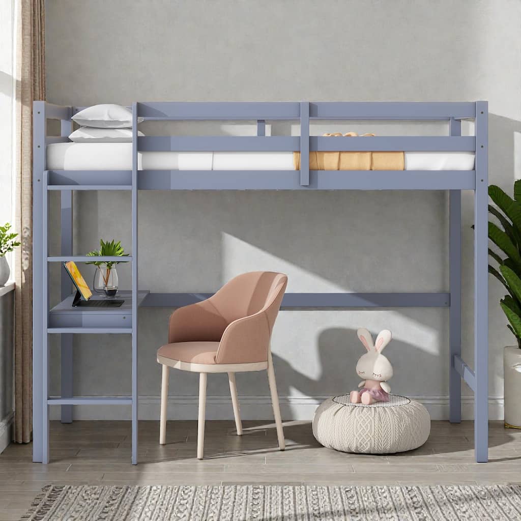Twin High Loft Bed with Desk and Ladder, Solid Rubber Wood Loft Bed with Safety Guardrails