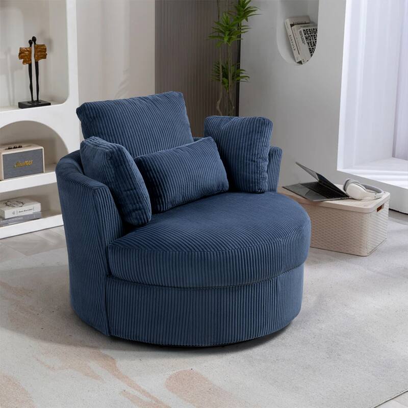 41" W Oversized Accent Barrel Swivel Chair with Moon Storage Ottoman - Single Chair - Navy Corduroy