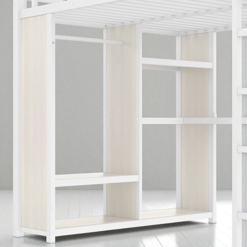 Queen Size Metal Loft Bed with Desk, Wardrobe, and Storage Shelves, Space-Saving Workstation Loft Bed Frame
