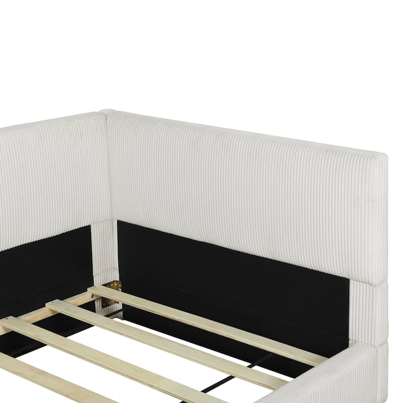 L-Shaped Backrest Bed Frame, Corduroy Upholstered Daybed, Wood Low Profile Panel Bed for Bedroom