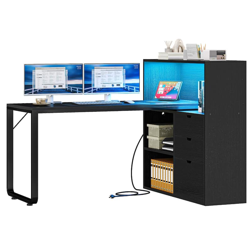 Moasis 55" LED L-Shaped Desk with Drawers and Cabinet, Corner Computer Desk with Power Outlets USB Ports - Black