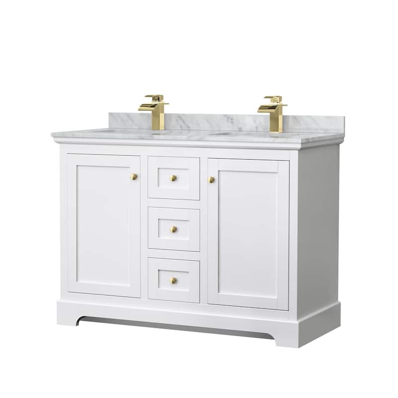Wyndham Collection Avery 48" Free Standing Double Basin Vanity Set - White / White Carrara Marble Top / Brushed Gold