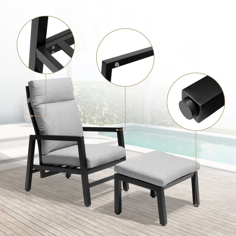 Aluminum Adjustable Back Patio Lounge Chairs and Ottoman with Cushion for Outdoor Indoor - See Picture
