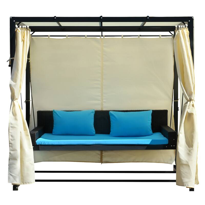 Reclining Porch Swing Bed, Gazebo Chair w/ Adjustable Canopy, Blue On