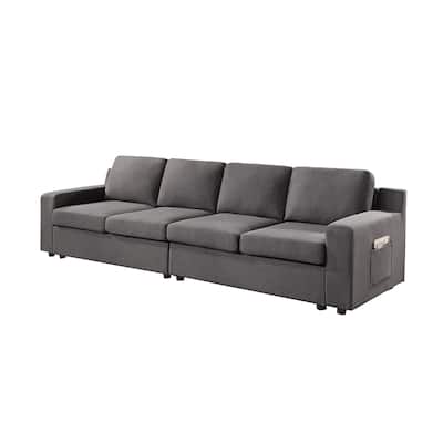 Cas 119 Inch Modular 4 Seater Sofa with Side Pockets, Gray Linen Upholstery
